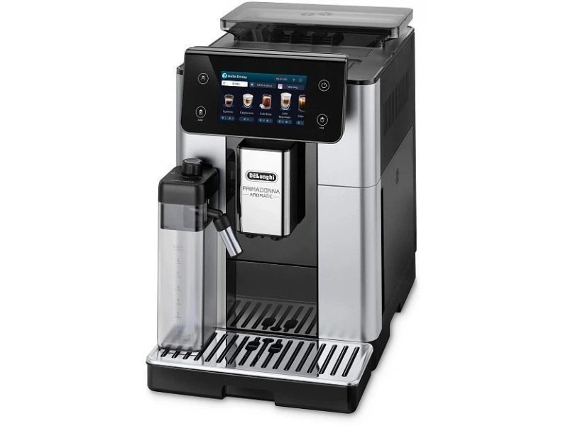 Delonghi Primadonna Aromatic ECAM630.75.TSM — общий вид спереди, титановый корпус с сенсорным дисплеем