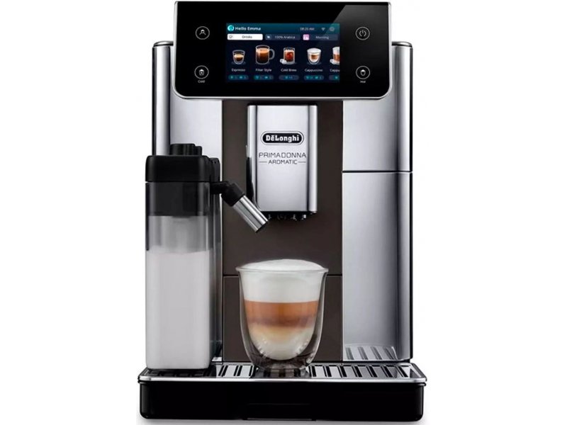 Delonghi Primadonna Aromatic ECAM630.75.TSM — приготовление капучино, сенсорный дисплей с меню напитков и съёмный молочный контейнер