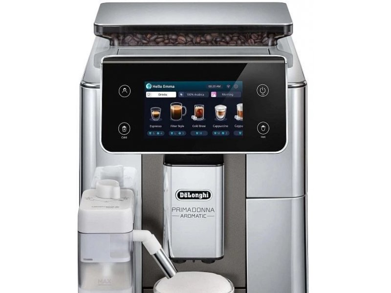 Delonghi Primadonna Aromatic ECAM630.75.TSM — вид сбоку, металлический корпус и конструкция дозатора