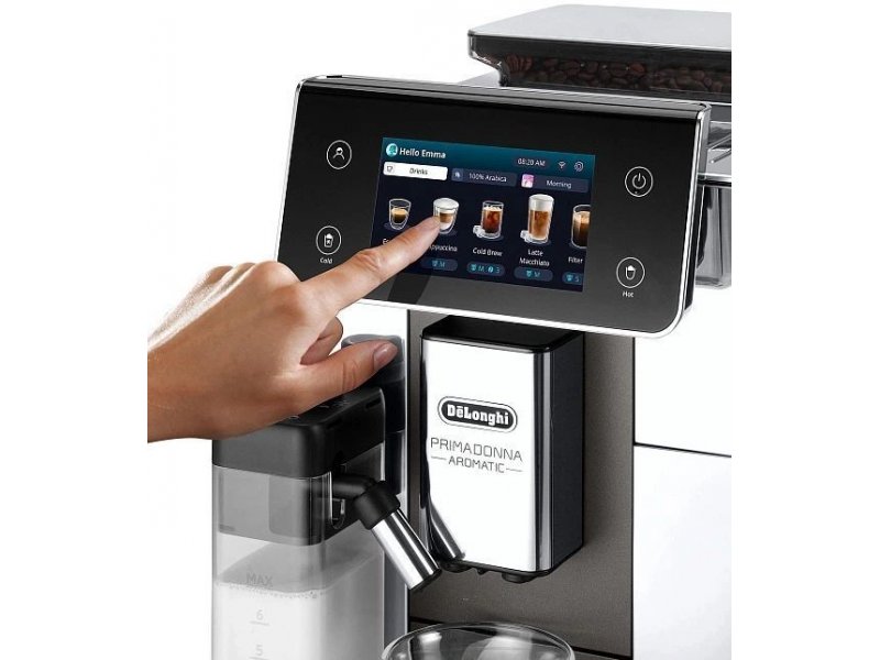 Delonghi Primadonna Aromatic ECAM630.75.TSM — управление сенсорной панелью, меню выбора напитков на дисплее