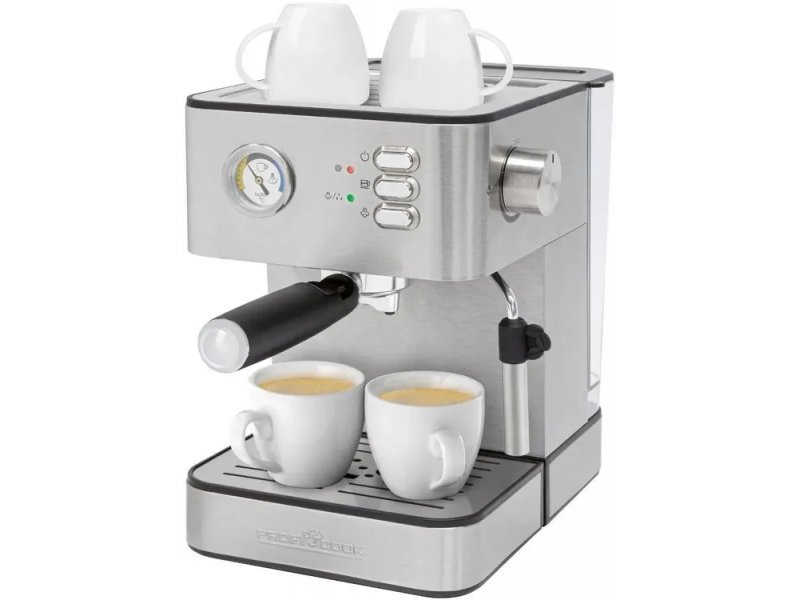 Profi Cook PC-ES 1209 — вид спереди с двумя чашками на подставке, полная видимость панели управления