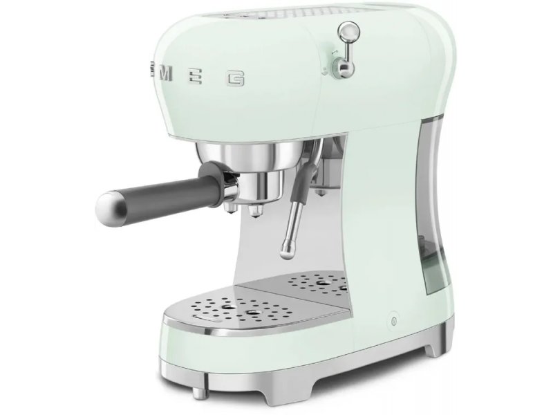 Smeg ECF02PGEU зеленый — вид спереди, паровая трубка и хромированный поддон