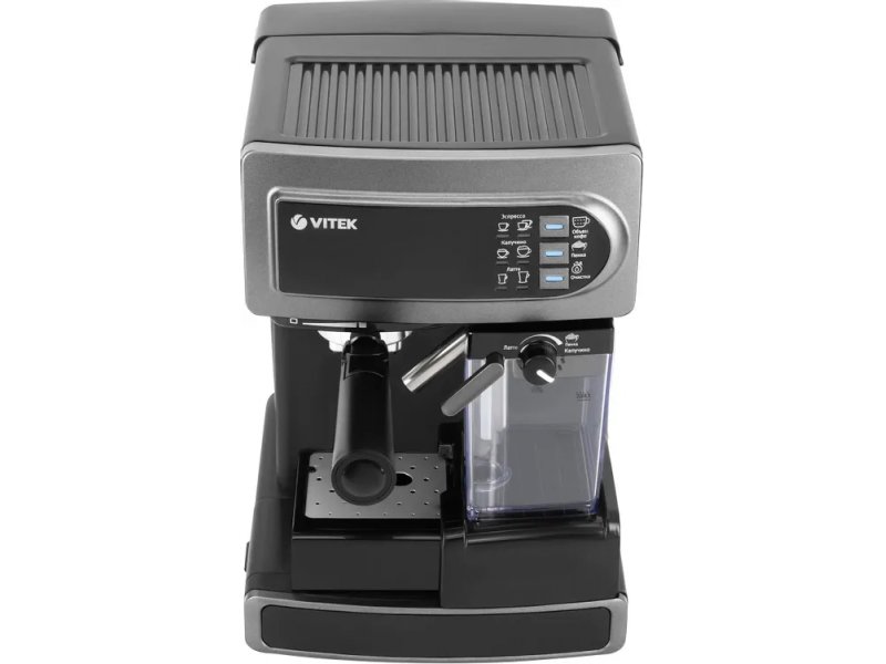 Vitek VT-1517 SR — вид с открытым отделением, группа для кофе и держатель фильтра