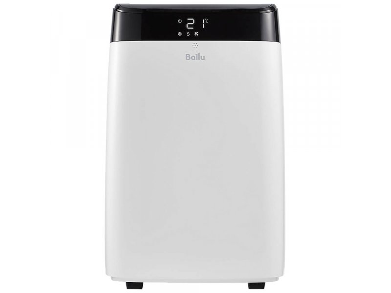 Ballu BPAC-09 SW/N1 мобильный кондиционер Smart Wind — вид спереди, белый корпус с чёрной сенсорной панелью