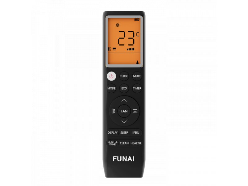 Пульт управления Funai RAC-I-KD75HP.D03 с LED-дисплеем, показывает температуру 23 &deg;C и кнопки режимов