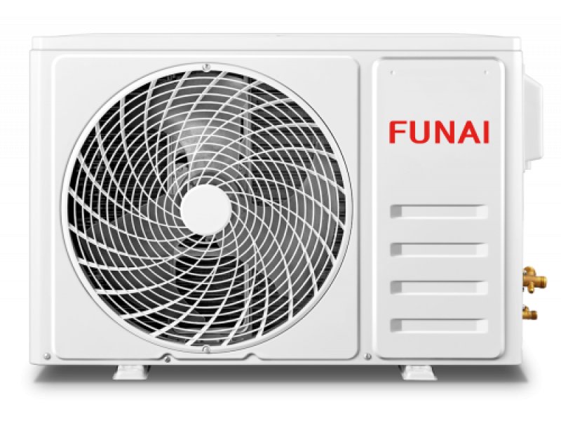 Funai Kadzoku RAC-KD35HP.D02 наружный блок — вентилятор и медные разъёмы для подключения хладагента R32