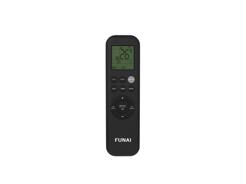 Funai Kagami RAC-KM20HP.D01 вид в интерьере — серебристый корпус на стене