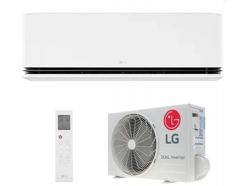 LG Deluxe Pro H09S1D — комплектация: внутренний блок, наружный блок с логотипом DUAL Inverter и пульт управления