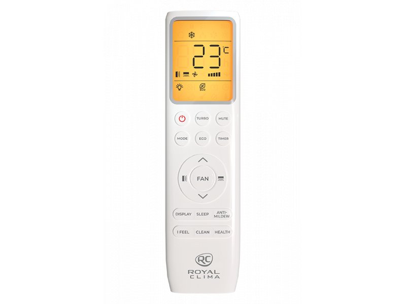 Royal Clima RCI-PFD30HN пульт ДУ с жёлтым дисплеем — температура 23 °C, кнопки режимов и скоростей вентилятора