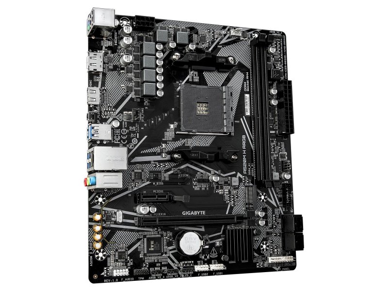 Gigabyte A520M H ARGB вид сбоку — разъёмы SATA, коннекторы питания, слот M.2