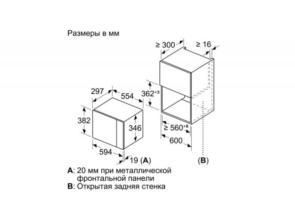 Bosch BFL524MW0 технические чертежи размеров и схема вентиляции задней стенки при встраивании