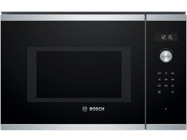 Bosch BFL554MS0 встраиваемая микроволновая печь в кухонном шкафу, чёрный корпус, дисплей и поворотная ручка управления