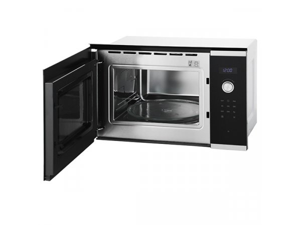 Bosch BFL554MS0 открытая дверца — внутренняя камера из нержавеющей стали, поддон, вид под углом