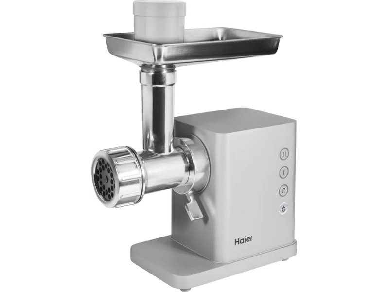 Haier HG-702 серебристая мясорубка с металлическими насадками и лотком из нержавеющей стали