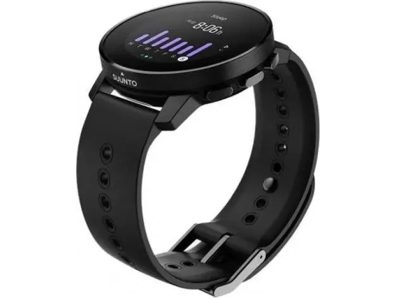 Suunto 9 Peak черный — боковой профиль с силиконовым браслетом и металлической пряжкой
