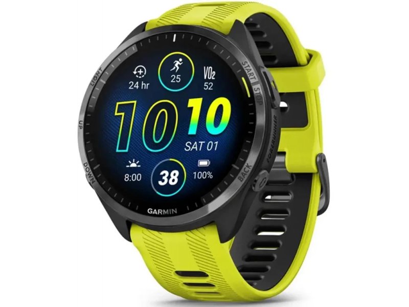 Garmin Forerunner 965 47mm вид спереди — AMOLED-экран с виджетами времени, шагов, погоды и заряда