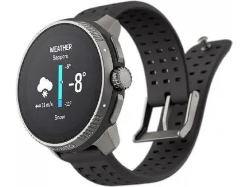 Suunto Race — приложение погоды на экране: температура и ветер, вид сбоку на запястье