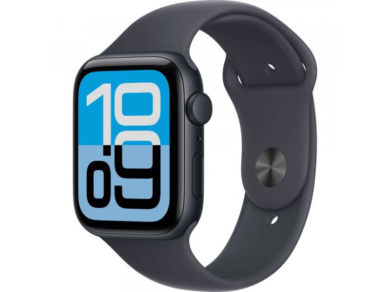 Apple Watch SE 3 2025 44mm тёмная ночь &mdash; вид спереди под углом, OLED-экран с циферблатом, алюминиевый корпус