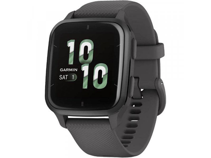 Garmin Venu Sq 2 вид спереди под углом — AMOLED-дисплей с циферблатом 10:10, серый корпус