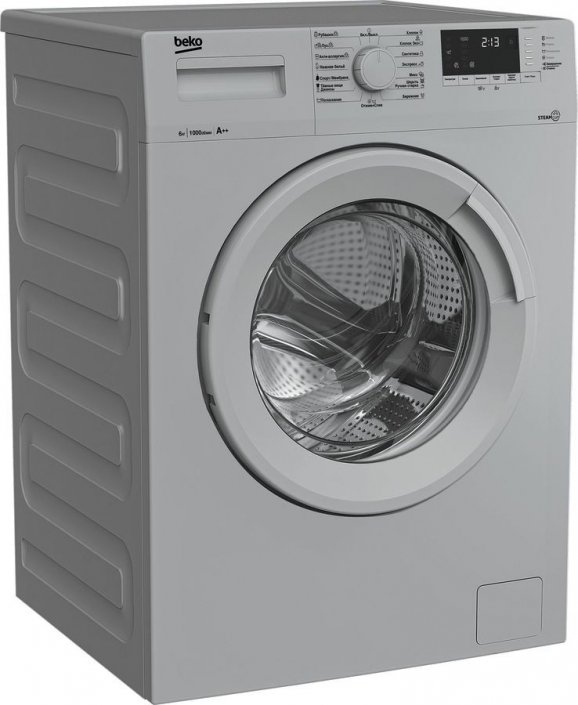 Beko WSRE6512ZSS боковой профиль — компактная глубина корпуса, серебристые боковые панели