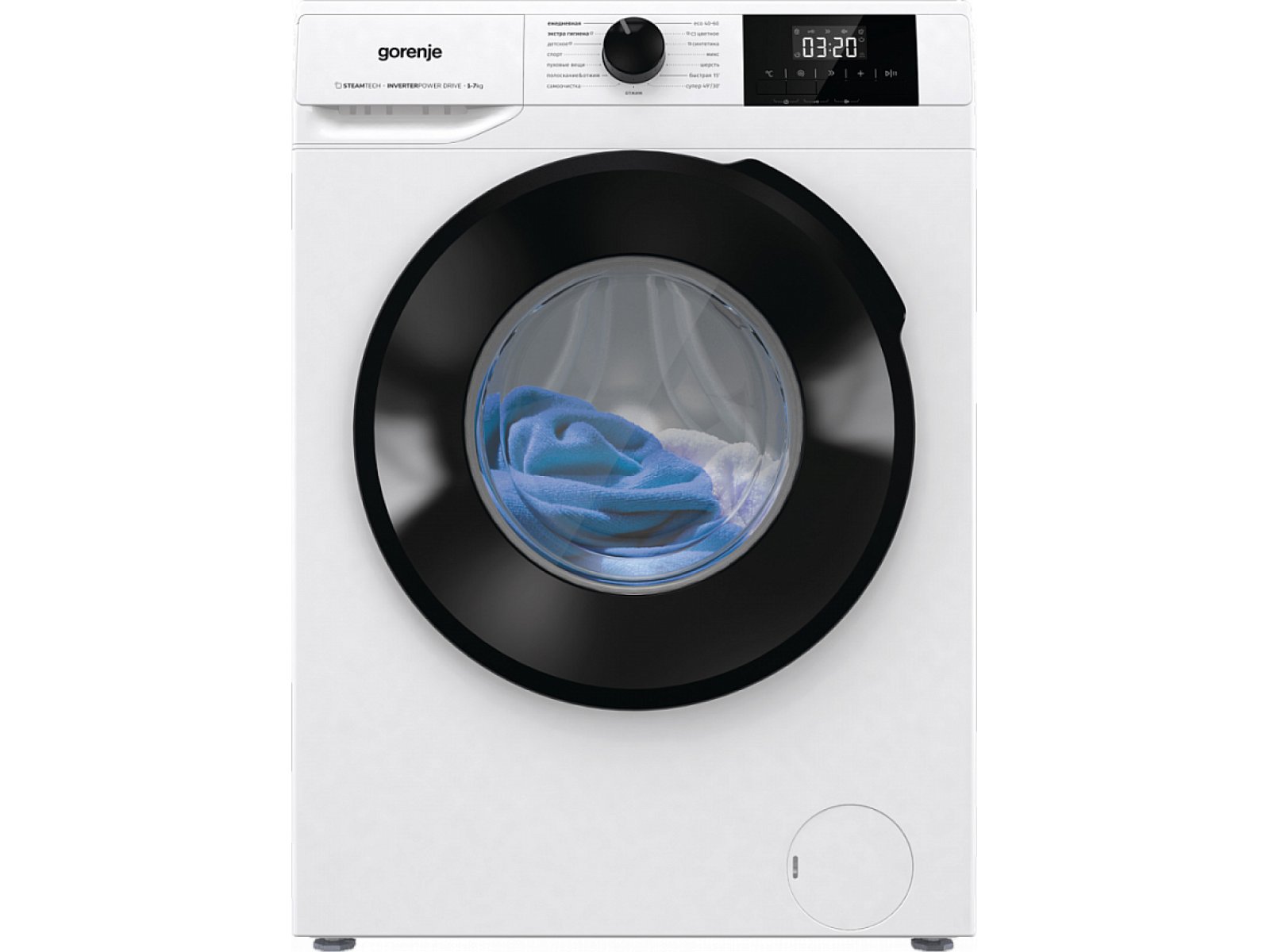Gorenje W1NGPI72SBS/C &mdash; стиральная машина с открытым барабаном и дисплеем на панели управления