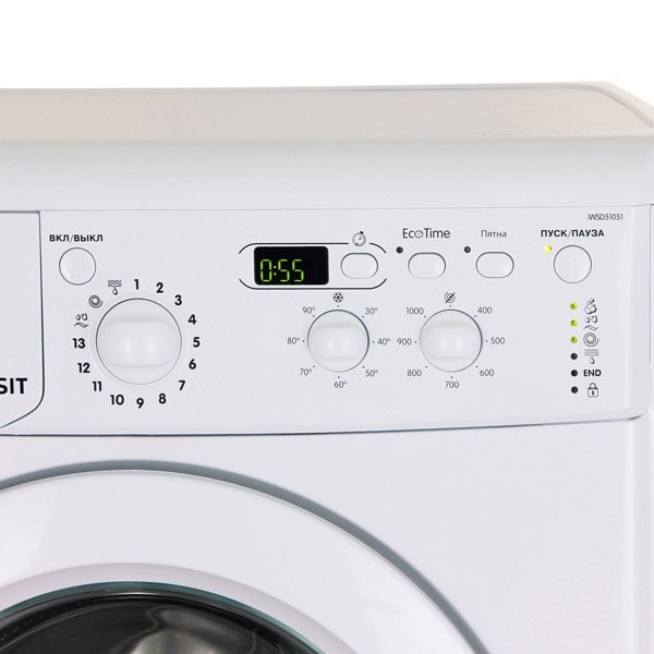 Indesit IWSD 51051 CIS панель управления — цифровой дисплей, регулятор программ, кнопки управления отсрочкой запуска