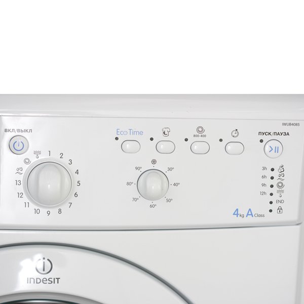 Indesit IWUB 4085 детальный вид панели с обозначением модели — регуляторы температуры и цикла