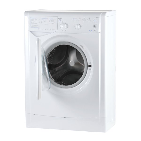 Indesit IWUB 4085 боковой профиль с открытым люком — видна глубина корпуса 33 см