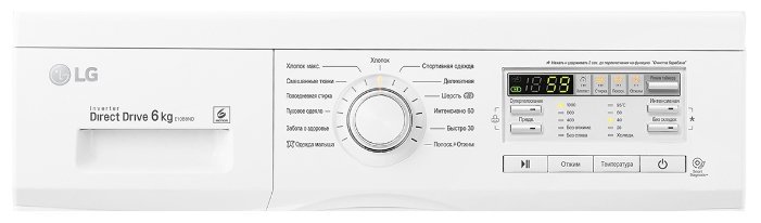 LG F10B8ND панель управления крупным планом — кнопки, дисплей, ручка программ на русском