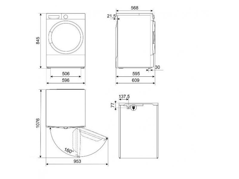 Smeg DT393RU4 технические чертежи — вид спереди, боковые проекции, габариты 84.5×59.6×60.9 см