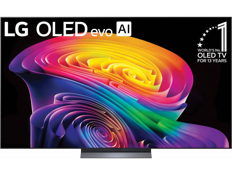 LG OLED65C6RLA вид спереди &mdash; OLED evo телевизор 65 дюймов на подставке с включённым демо-контентом