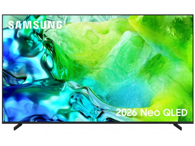 Samsung QE75QN80H 75 дюймов — экран с включённым Neo QLED контентом на подставке