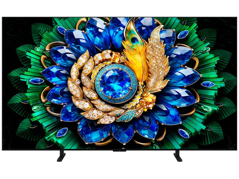 TCL 55A400M QD Mini LED 55 дюймов — фронтальный вид с включённым экраном, характеристики VRR 144 Гц и HDR