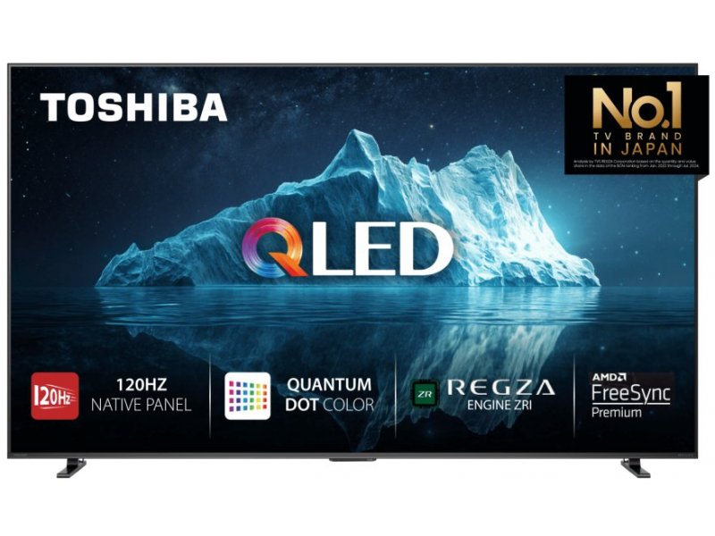 Toshiba 75Z570SE QLED 75 дюймов вид спереди на подставке с логотипами 120Hz, Quantum Dot Color, REGZA Engine ZRi, AMD FreeSync Premium