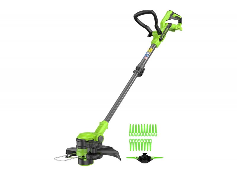 Greenworks G24LT301 комплектация &mdash; аккумулятор 2 Ач, зарядное устройство, нож и катушка с леской