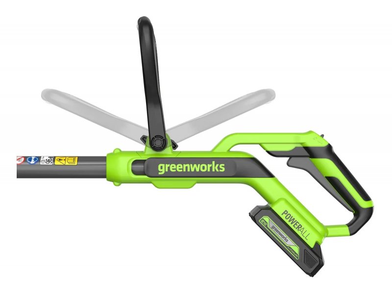 Greenworks G24LT301 боковой вид &mdash; катушка с леской, угловой профиль прямой штанги