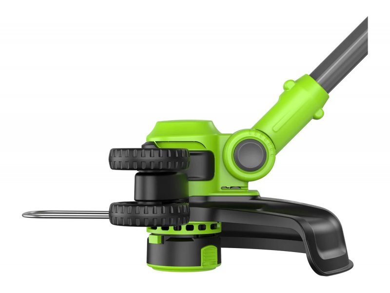Greenworks G24LT301 головка крупным планом &mdash; механизм с двумя режущими элементами, быстрая смена насадок