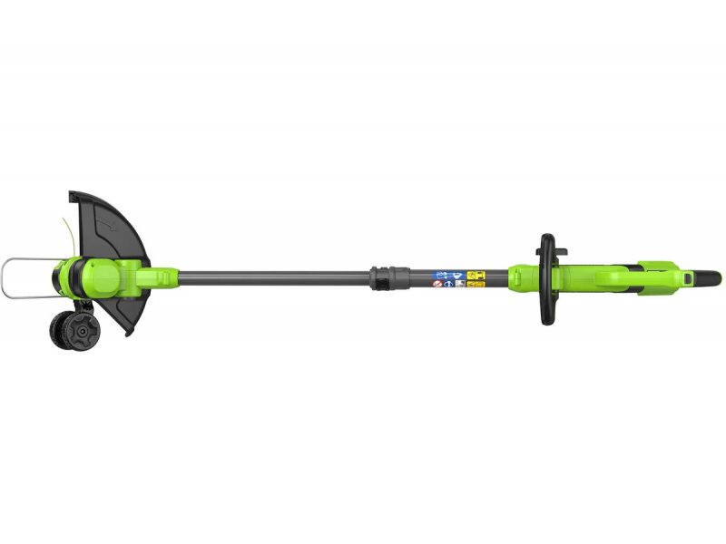 Greenworks G24LT301 полный вид в профиль &mdash; длина штанги, расположение мотора и рукоятки
