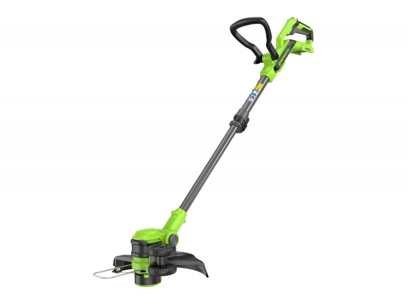 Greenworks G24LT301 триммер с леской и металлическим ножом &mdash; вид полностью, прямой вал