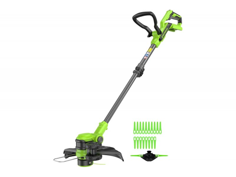 Greenworks G40LT331 триммер со сменными режущими головками, общий вид с комплектацией