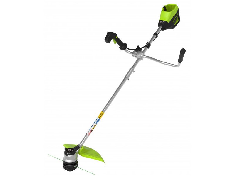 Greenworks GD60BCB аккумуляторный триммер 60В — общий вид с телескопической штангой и U-образной рукояткой