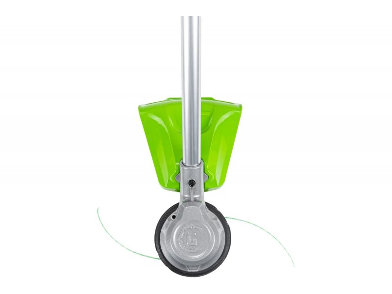 Greenworks GD82LTK2 — вид снизу на режущую головку, механизм подачи лески
