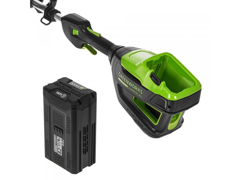 Greenworks GD82LTK5 с установленным аккумулятором 82В 5Ач, боковой вид