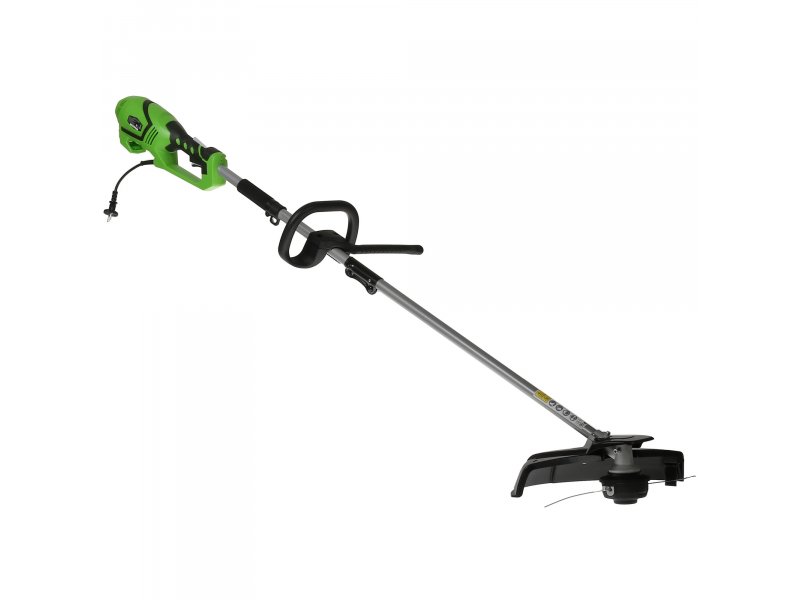 Greenworks GST1246 1200 Вт электрический триммер — боковой профиль, прямая штанга, зелёный корпус