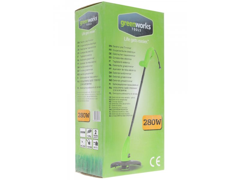 Greenworks GST2830 280W коробка зелёная с логотипом бренда характеристики на нескольких языках