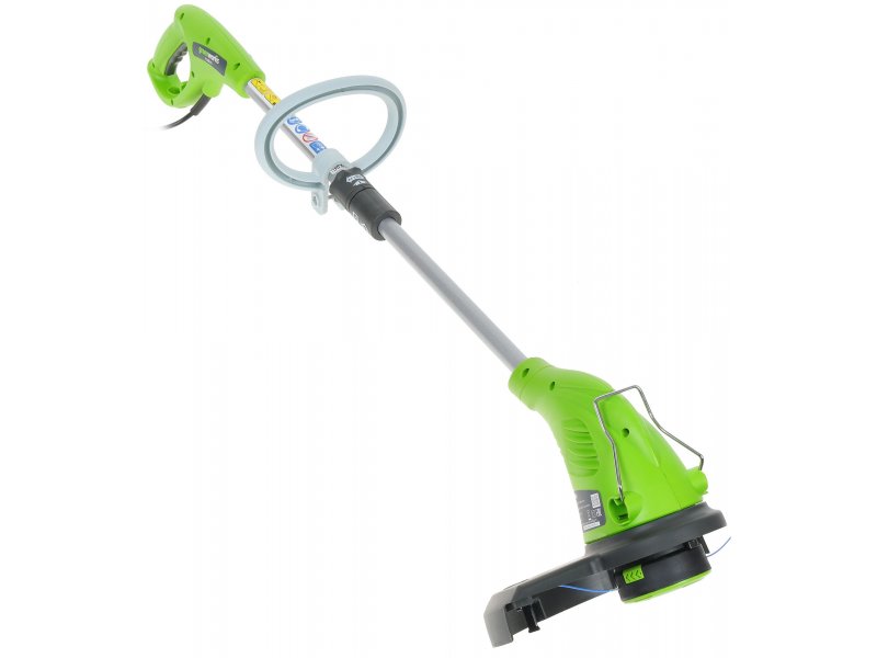 Greenworks GST5033 500 Вт — общий вид электрического триммера в сборе, зелёный корпус, D-образная рукоятка, катушка с леской