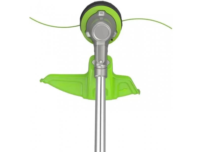 Greenworks ST121 вид сверху на режущую головку с двумя лесками, защитный кожух зелёного цвета