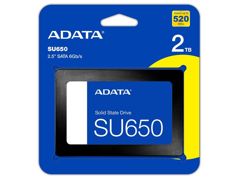Упаковка ADATA SU650 2TB — коробка с указанием ёмкости 2TB и скорости чтения 520 МБ/с