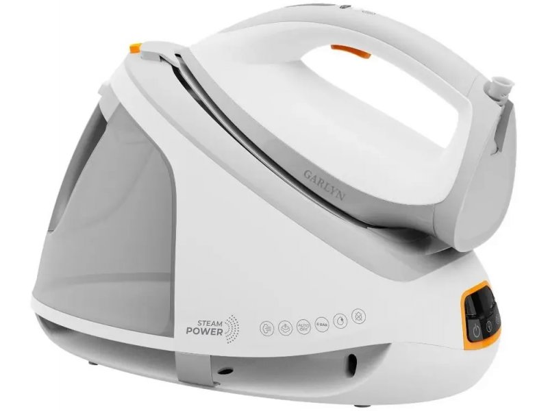 Garlyn GST-06 белый парогенератор с утюгом &mdash; вид сбоку, оранжевые акценты, дисплей и панель управления