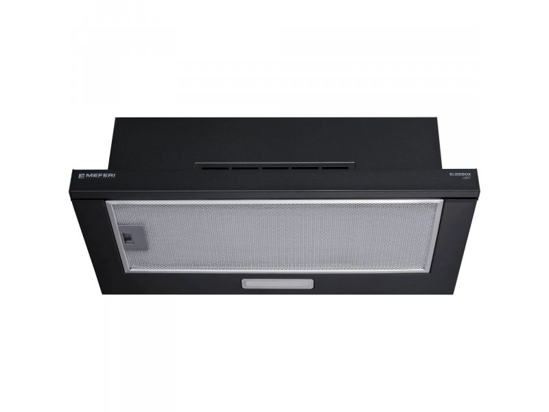 Meferi Light SlideBox60BK боковой вид с логотипом Meferi — тонкий чёрный корпус 15,7 см высотой, выдвижная система
